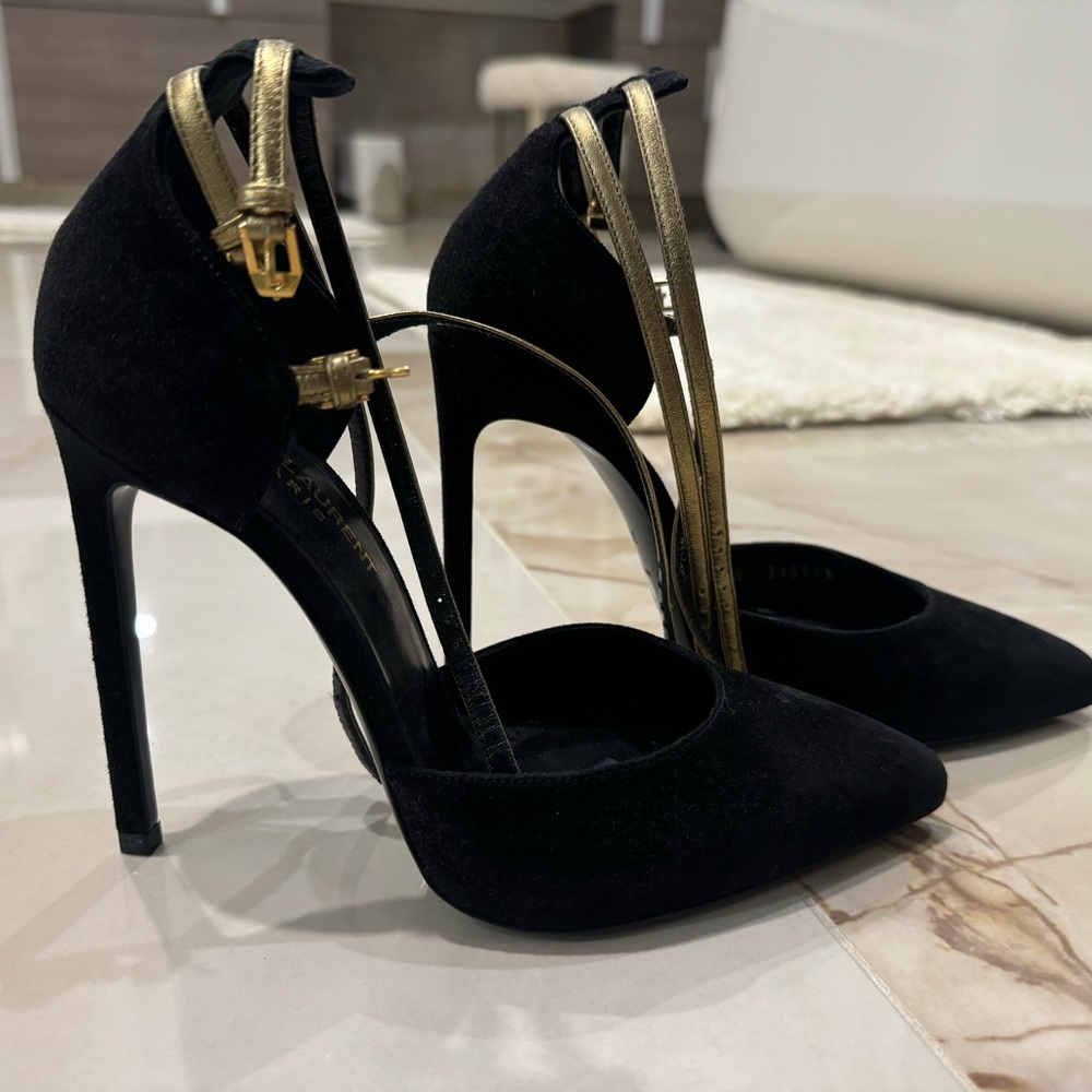 Saint Laurent Paris Triple Ankle-Strap Black Leather Pumps